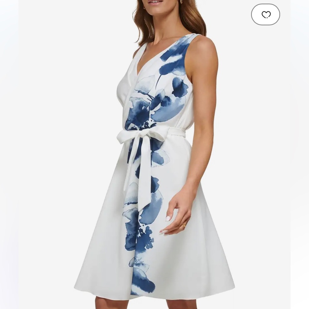 DKNY Sleeveless Floral Border Belted Dress